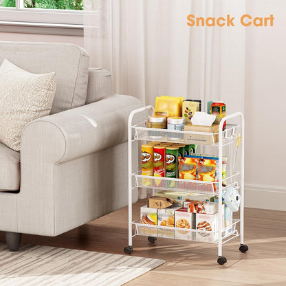 TOOLF 3-Tier Metal Rolling Cart, Mesh Wire Easy Assemble Utility Cart, Storage Trolley on Wheels with 3 Hooks, MetalStorage Shelving Units for Kitchen Bathroom Laundry Room