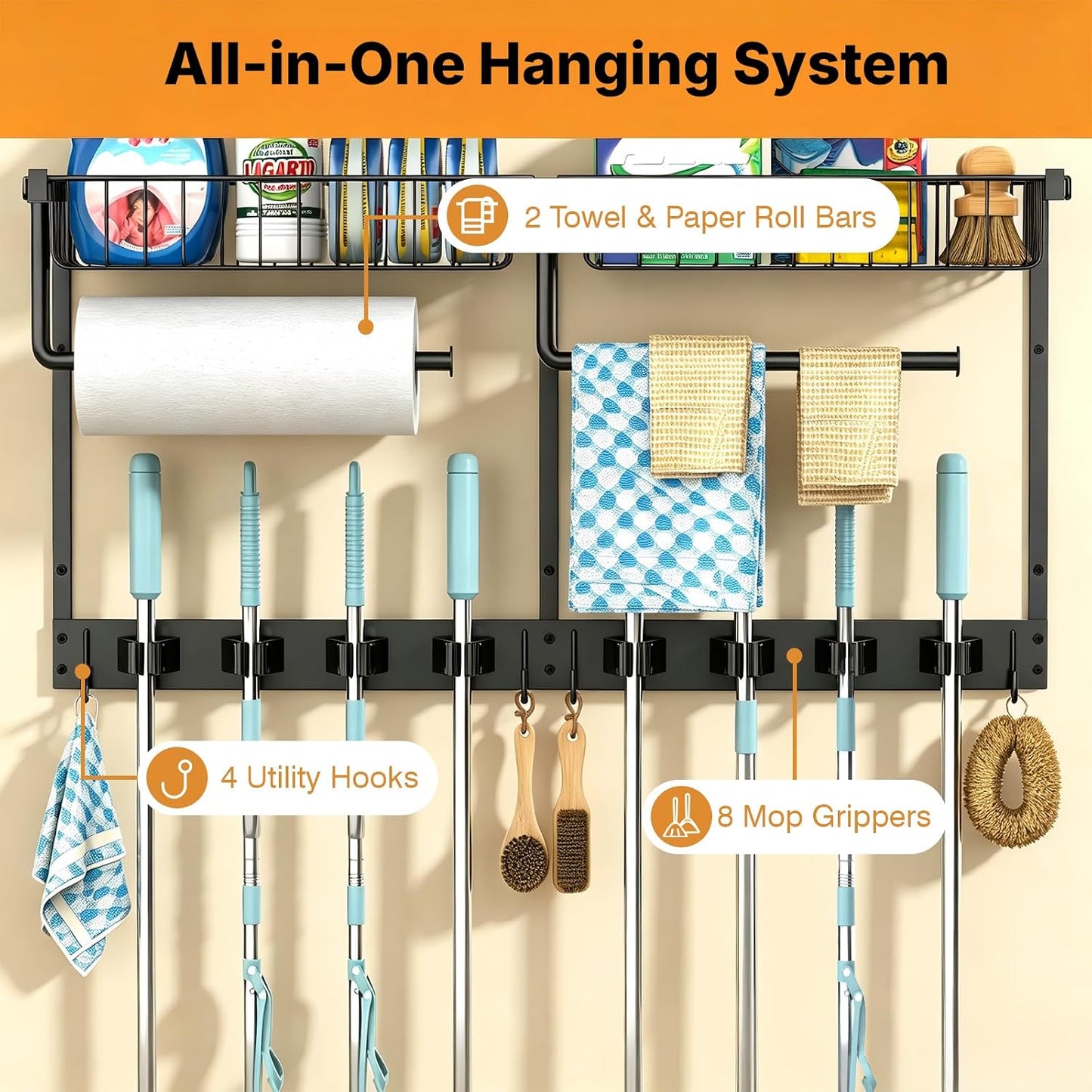 Broom Holder Wall Mount, Broom and Mop Organizer Wall Hanging with Paper Towel Holder & Removable Anti-fall Basket, Wall Mount Cleaning Supplies Organizer for Laundry Room, Apartment, Utility Room