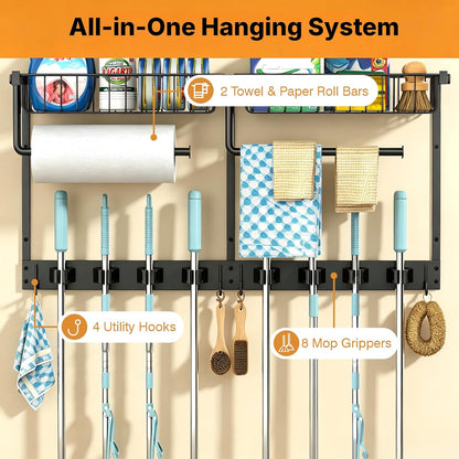 Broom Holder Wall Mount, Broom and Mop Organizer Wall Hanging with Paper Towel Holder & Removable Anti-fall Basket, Wall Mount Cleaning Supplies Organizer for Laundry Room, Apartment, Utility Room