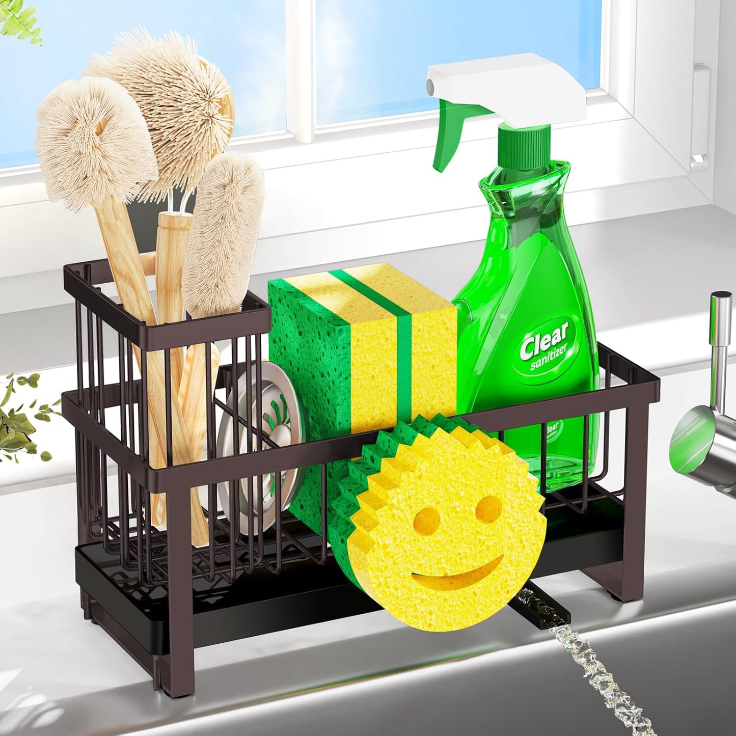 Sponge Holder for Kitchen Sink,Smiley Face Sink Caddy with Removable Brush Holder,Self-Draining Sponge Caddy for Soap,Dish Brush,Scrubber,Kitchen Essentials and Gadgets-Silver
