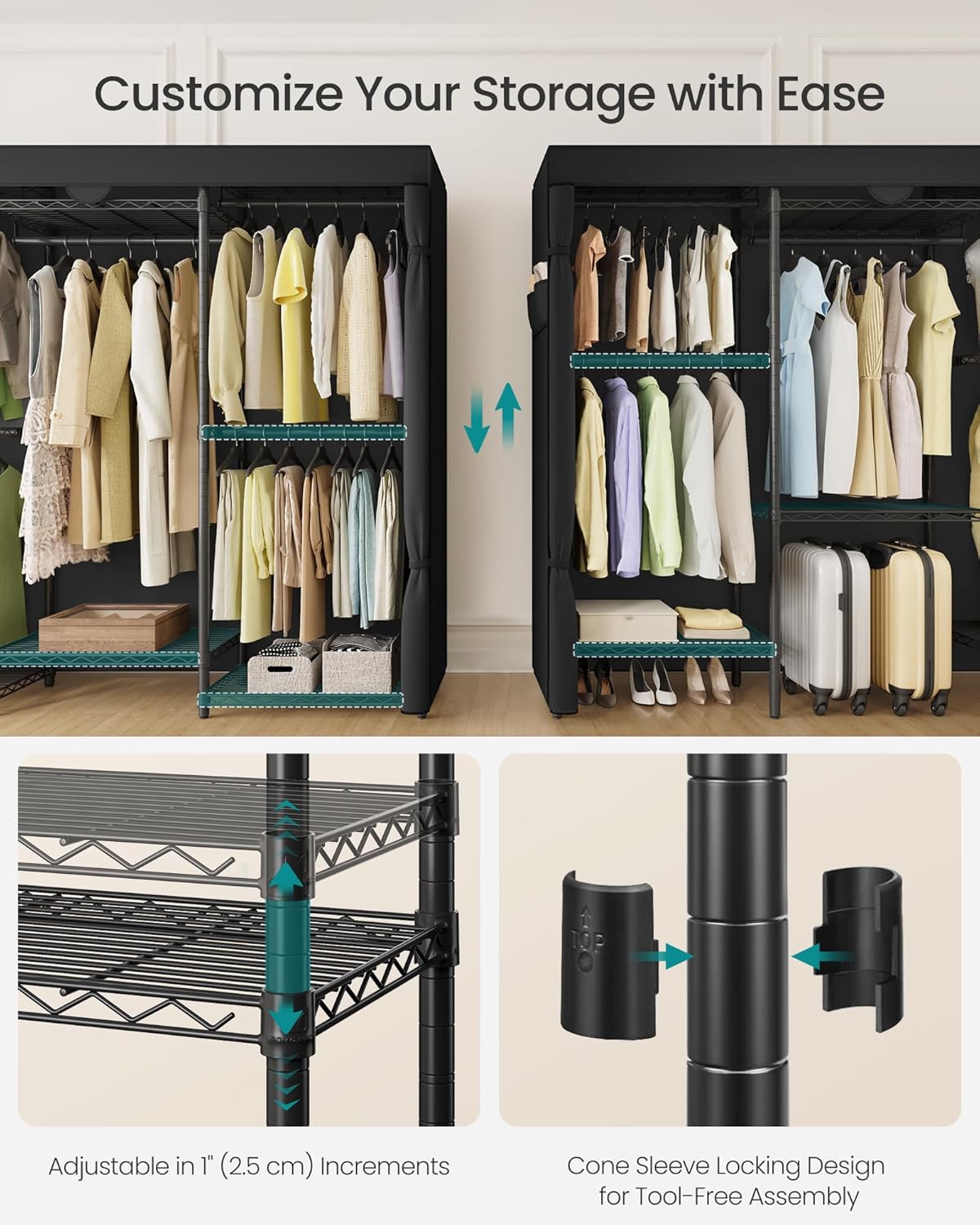 SONGMICS Heavy-Duty Clothes Rack, Garment Rack, Portable Closet, 68.7-Inch Wide Clothing Rack with Adjustable Mesh Shelves and Hanging Rails, Ink Black ULGR433B01