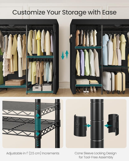 SONGMICS Heavy-Duty Clothes Rack, Garment Rack, Portable Closet, 68.7-Inch Wide Clothing Rack with Adjustable Mesh Shelves and Hanging Rails, Ink Black ULGR433B01