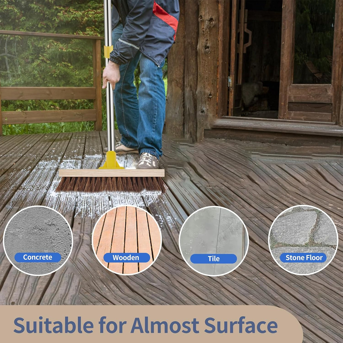 NICOFPHY Floor Scrub Brush with Long Handle - 60" Heavy Duty Deck Brush with Stiff Natural Palmyra Bristle for Scrubbing, Outdoor Scrubber Brushes for Cleaning Concrete Floor, Garden, Patio, Shower
