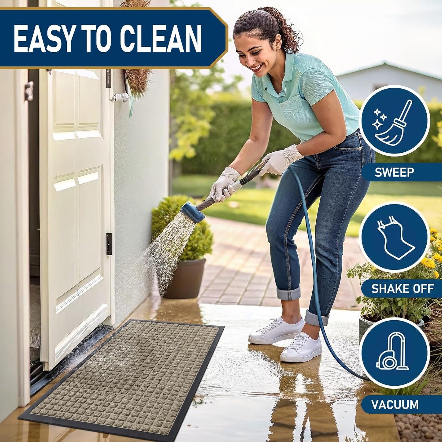 Smiry Front Door Mat Outside Entrance, Heavy Duty Natural Rubber Doormat, Non Slip, Trap Dirt and Moisture, Easy Clean, Low Profile Welcome Floor Mats for Indoor Outdoor Entry, 29.5x17 Inch, Black