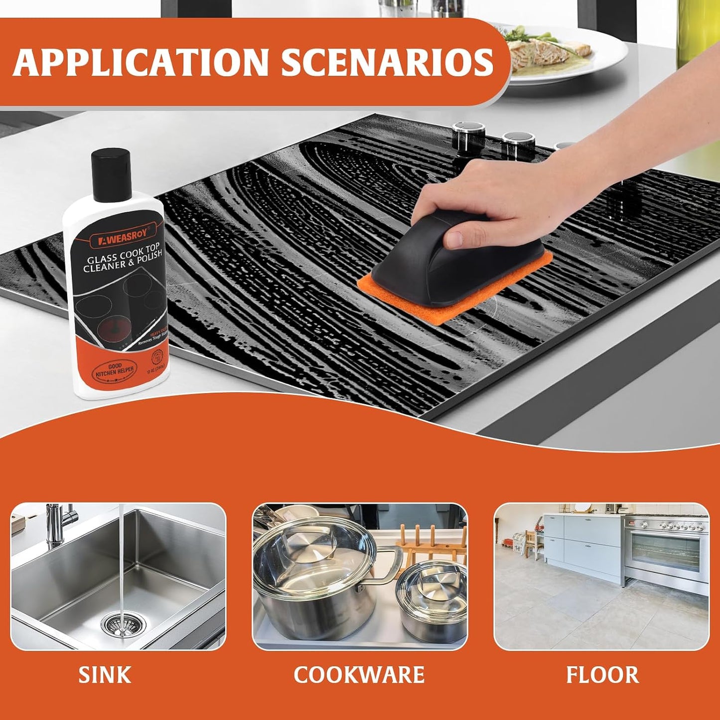 AWEASROY Glass Stove Top Cleaner Kit 12 oz, Cooktop Cleaner and Polish Non-Abrasive No Scratch Removes Tough Stains, with Scrubbing Pad, Handle, Scraper, Cloth