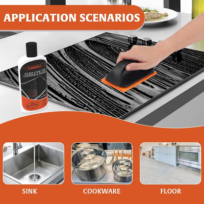 AWEASROY Glass Stove Top Cleaner Kit 12 oz, Cooktop Cleaner and Polish Non-Abrasive No Scratch Removes Tough Stains, with Scrubbing Pad, Handle, Scraper, Cloth