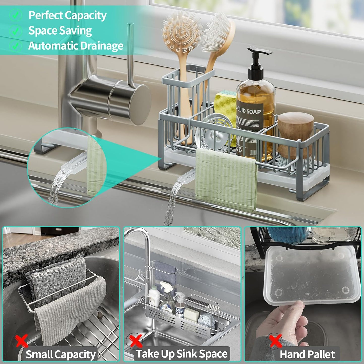 HapiRm Sponge Holder for Kitchen Sink - Self-draining Sink Caddy with Brush and Dishcloth Holders, Stainless Steel Kitchen Countertop Organizers and Storage Essentials - Black