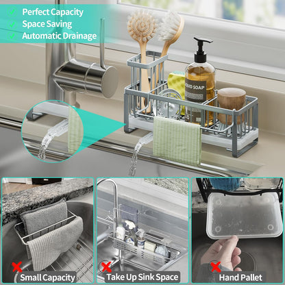 HapiRm Sponge Holder for Kitchen Sink - Self-draining Sink Caddy with Brush and Dishcloth Holders, Stainless Steel Kitchen Countertop Organizers and Storage Essentials - Black