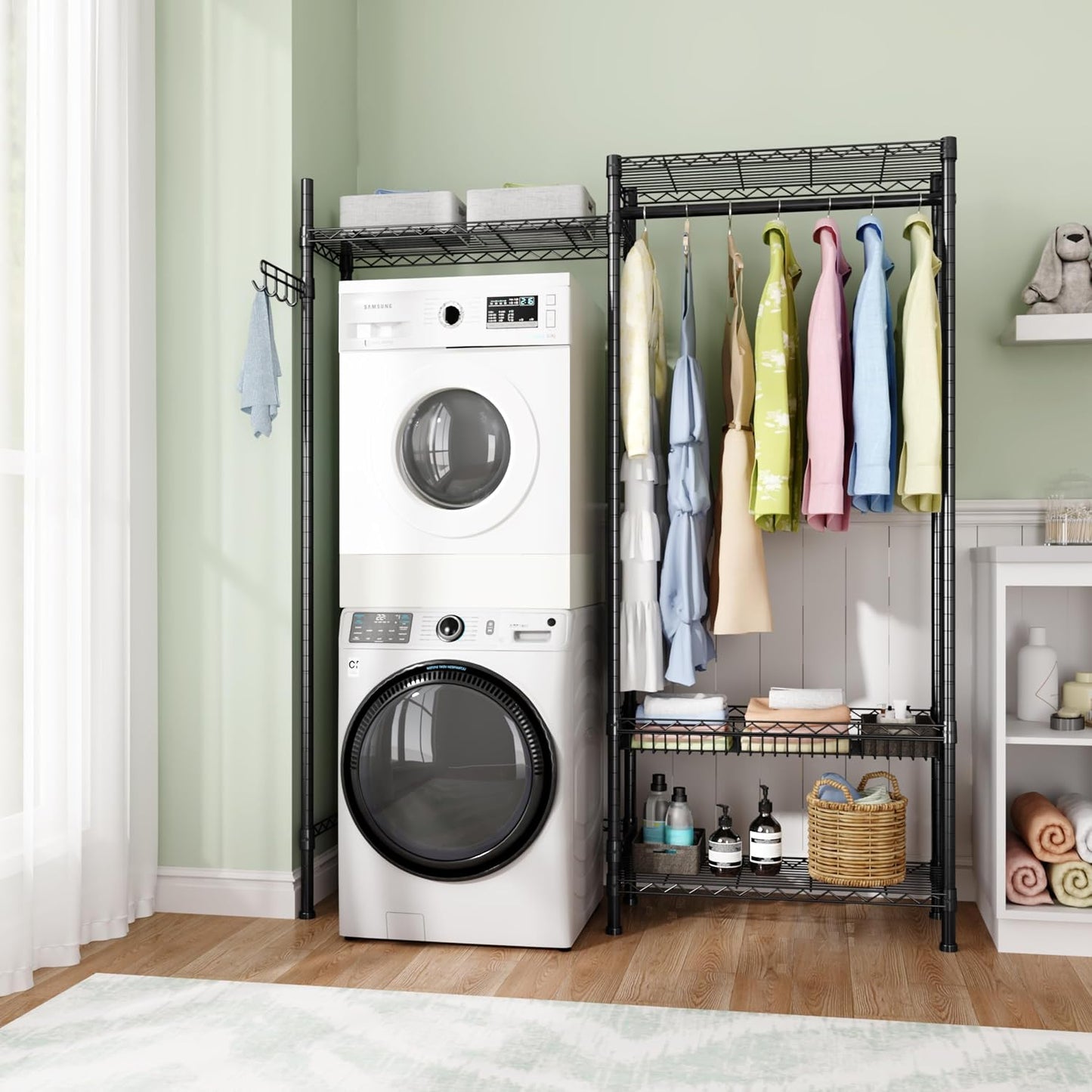 Golpart Over Washer and Dryer Shelves,Heavy Duty Laundry Room Storage Organization Clothes Drying Rack,5 Tier Adjustable Height Wire Shelving and Wire Basket with Hanger Rod&Hook,Space Saving Shelf