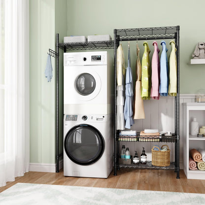 Golpart Over Washer and Dryer Shelves,Heavy Duty Laundry Room Storage Organization Clothes Drying Rack,5 Tier Adjustable Height Wire Shelving and Wire Basket with Hanger Rod&Hook,Space Saving Shelf