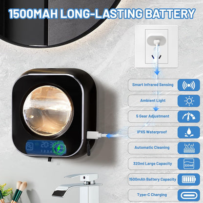 Automatic Soap Dispenser, 320ML Touchless Smart Hand Soap Dispenser, 3 Adjustable Soap Levels, Rechargeable Wall Mounted Electric Foam Soap Dispenser for Bathroom Kitchen Office (White - T1)