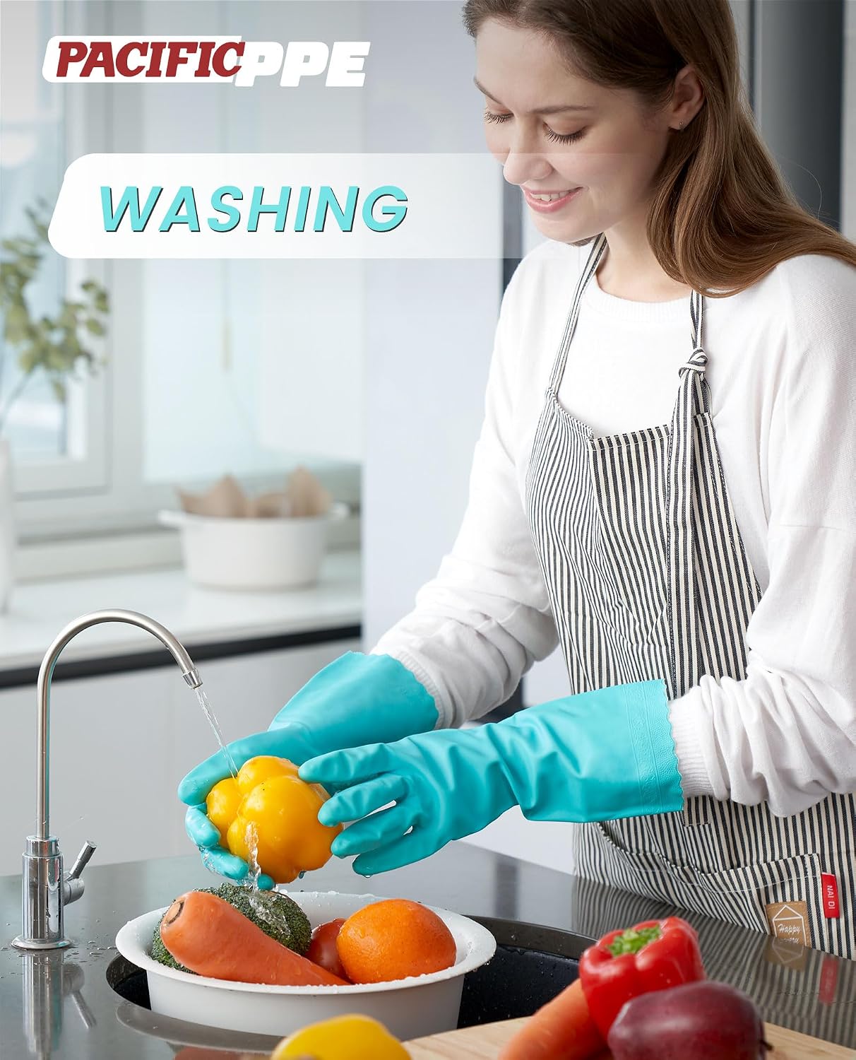 PACIFIC PPE 2 Pairs Reusable Dishwashing Cleaning Gloves with Latex Free, Cotton Lining, Kitchen Gloves, Blue, Medium
