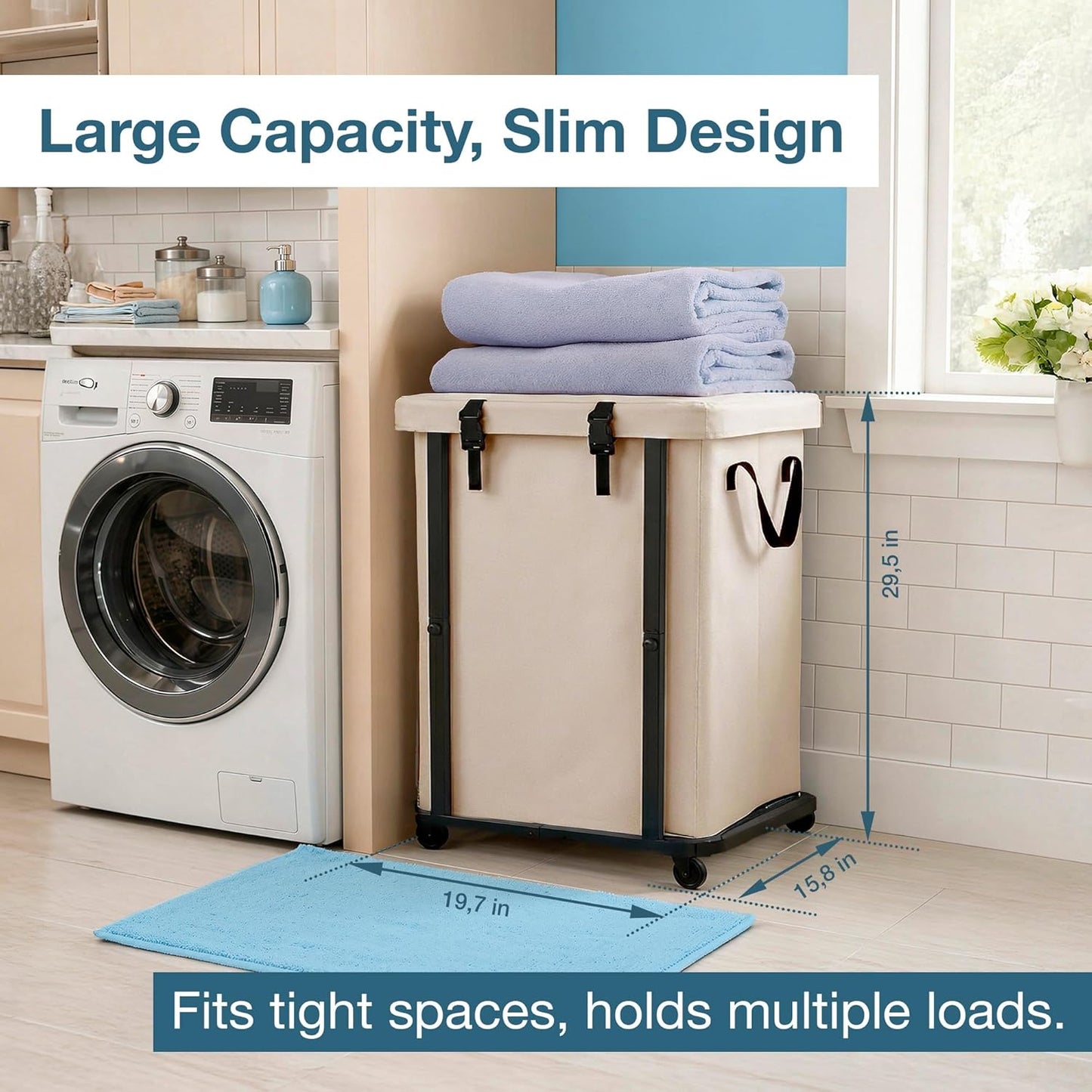 150L Laundry Basket with Wheels and Lid, Large Rolling Laundry Hamper with Removable Divider, Double Compartment Clothes Hamper, Metal Frame, White