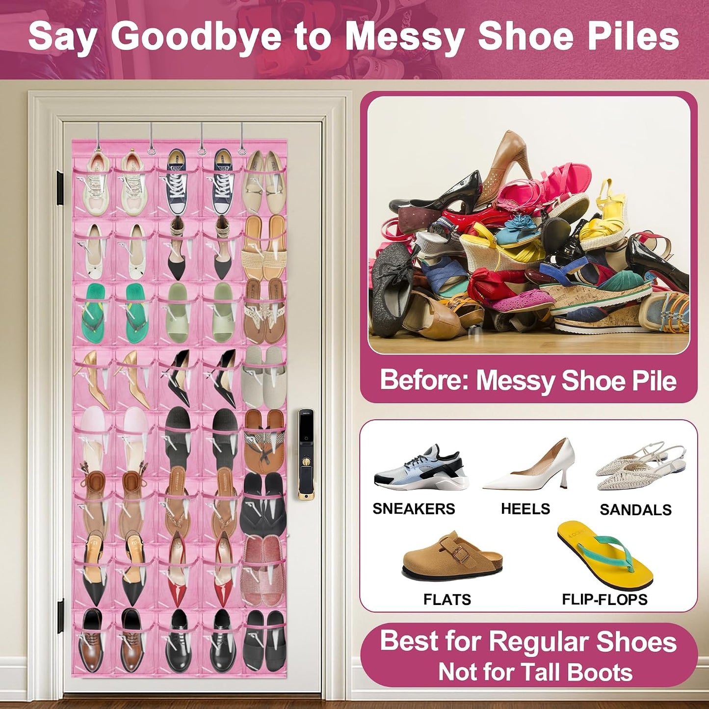 40 Pockets Over the Door Shoe Organizer – Waterproof Hanging Shoe Holder for Closet & Bathroom – Space-Saving Clear PVC Door Shoe Rack for Shoes, Toys, Toiletries & Snacks (White)