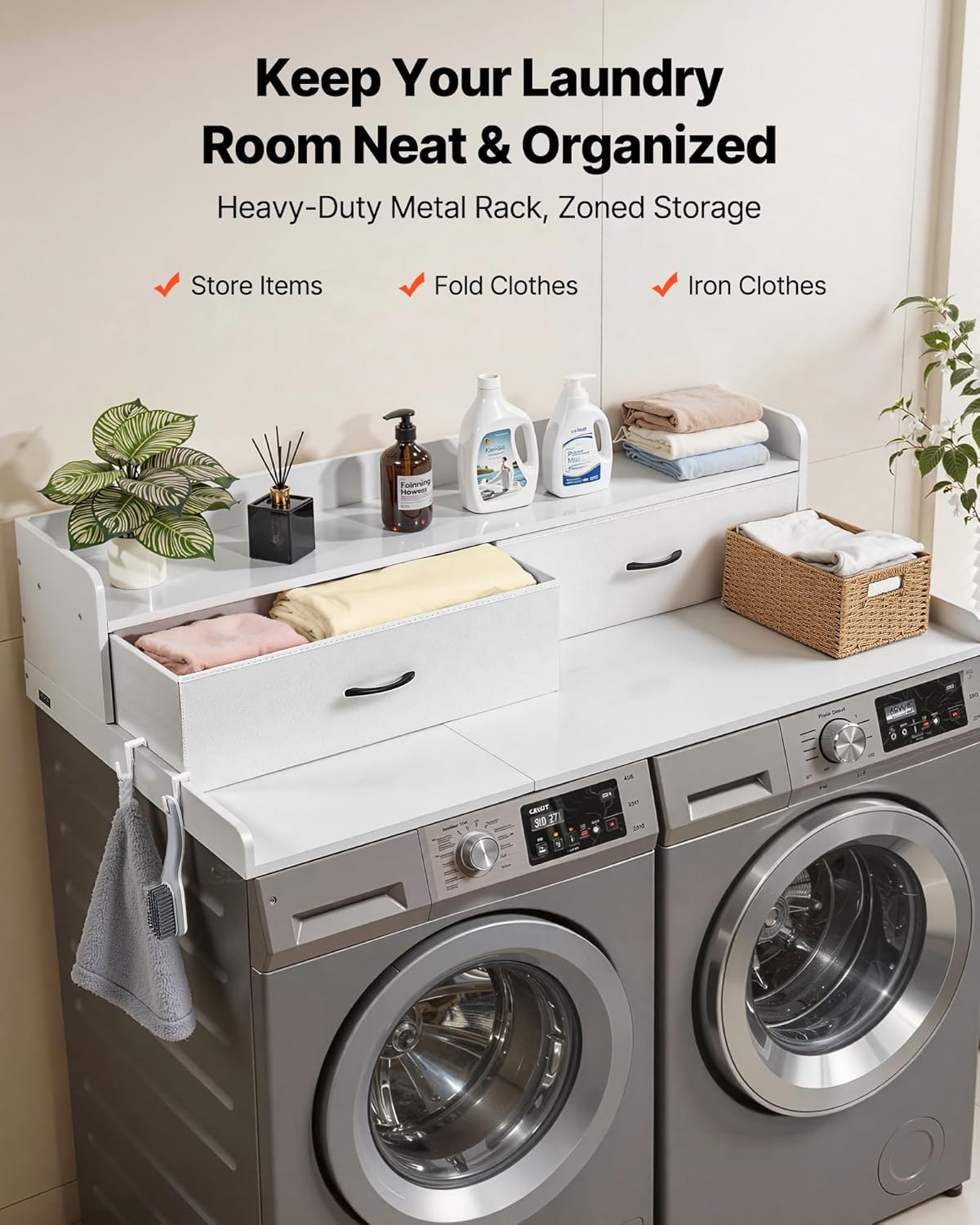 VEVOR Washer Dryer Countertop with 2-Tier Shelf, 54" x 27" Wooden Washer and Dryer Countertop with Anti-Slip Pads, Water-Resistant Laundry Topper Cover for Laundry Room Organization and Storage, Black