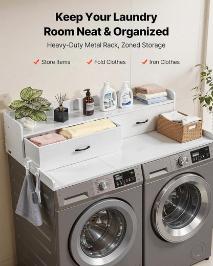 VEVOR Washer Dryer Countertop with 2-Tier Shelf, 54" x 27" Wooden Washer and Dryer Countertop with Anti-Slip Pads, Water-Resistant Laundry Topper Cover for Laundry Room Organization and Storage, Black