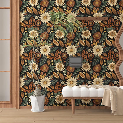 Blue Wallpaper Peel and Stick,Vintage Boho Floral Contact Paper 17.5" x 118", Retro Botanical Flower Wall Paper Self Adhesive Removable Waterproof for Walls Shelves Cabinet Table (Blue,Yellow, Green)