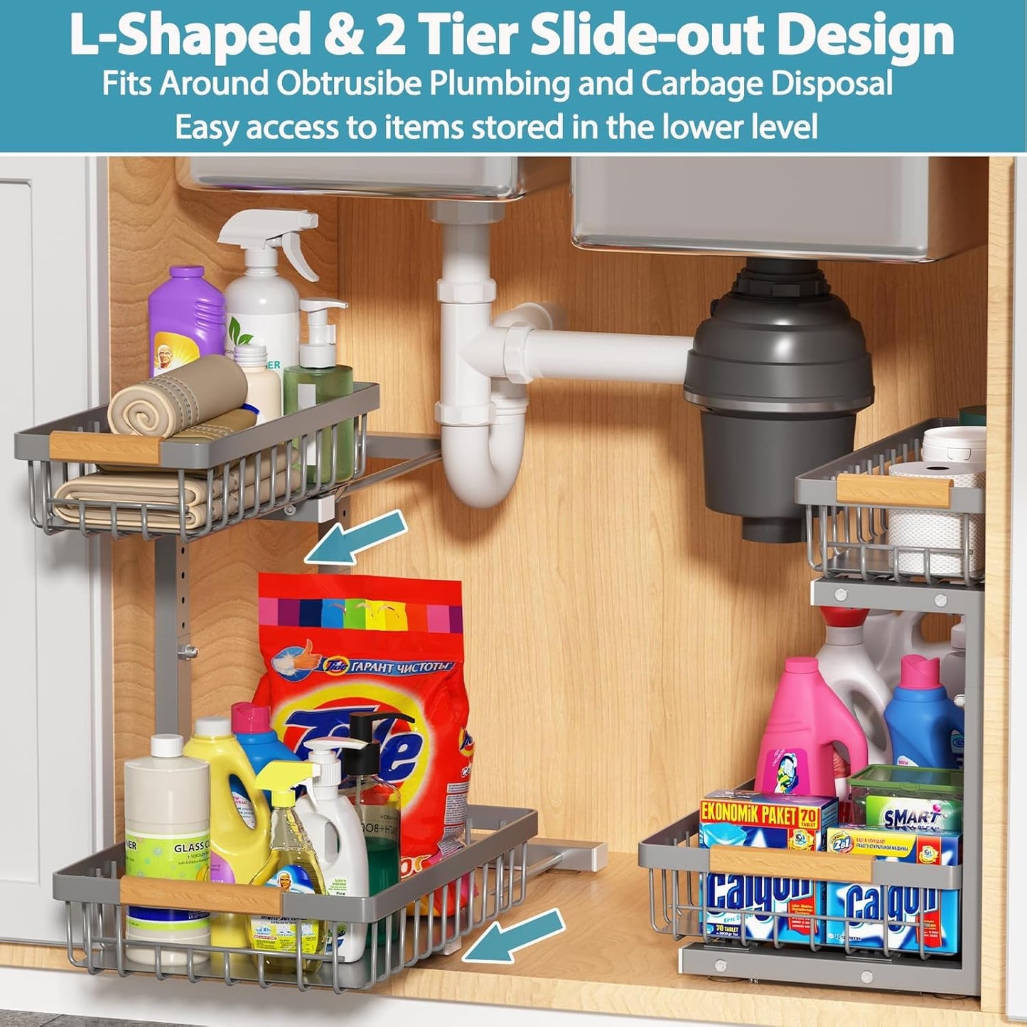 Liuoud Under Sink Organizer 2 Pack, 2 Tier Slide Out Large Capacity Height Adjustable Under Sink Organizers and Storage for Kitchen Bathroom Cabinet, White