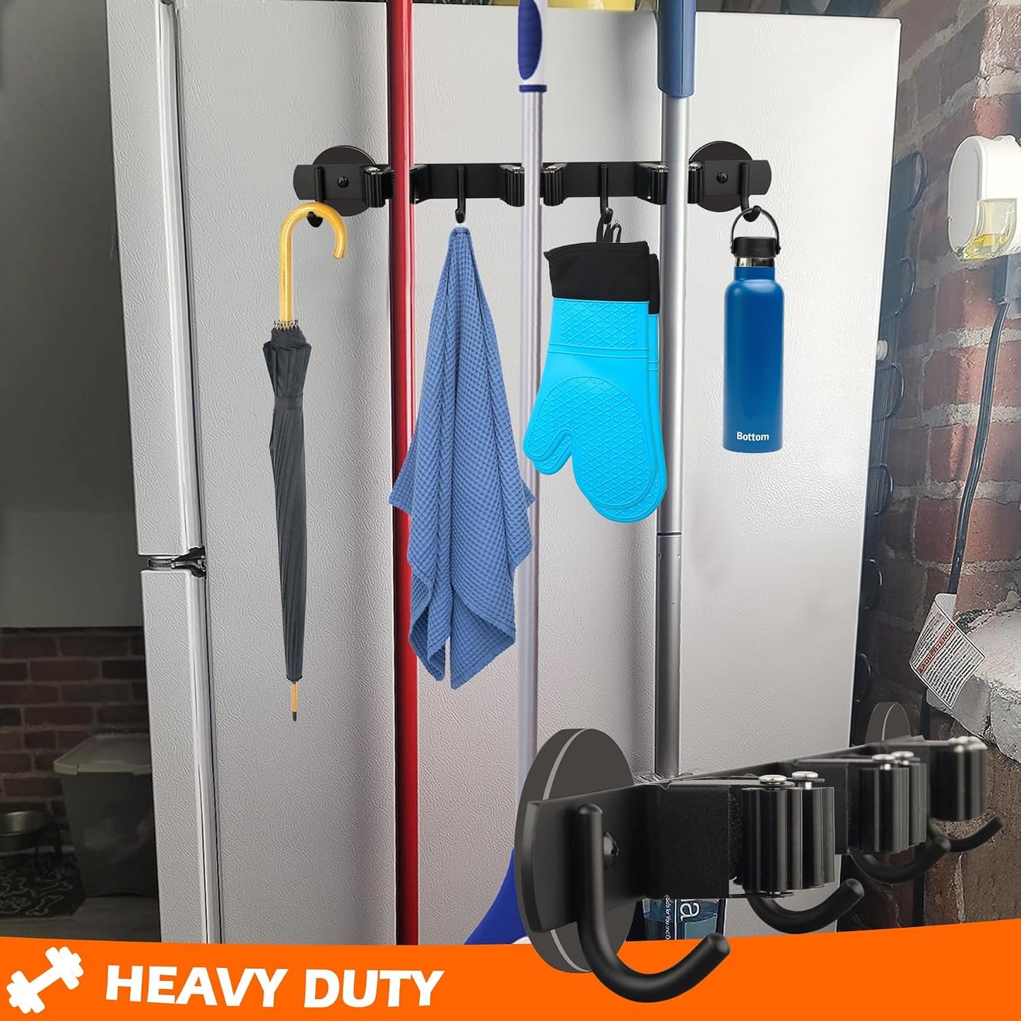 MUTUACTOR Heavy Duty Magnetic Broom Holder,Anti-slip Magnetic Tool Rack with Top Utility Shelf, Easy Assembly Broom Mop Organizer for Refrigerator Metal Cabinet Laundry Room Kitchen,3-Clamps 4-Hooks