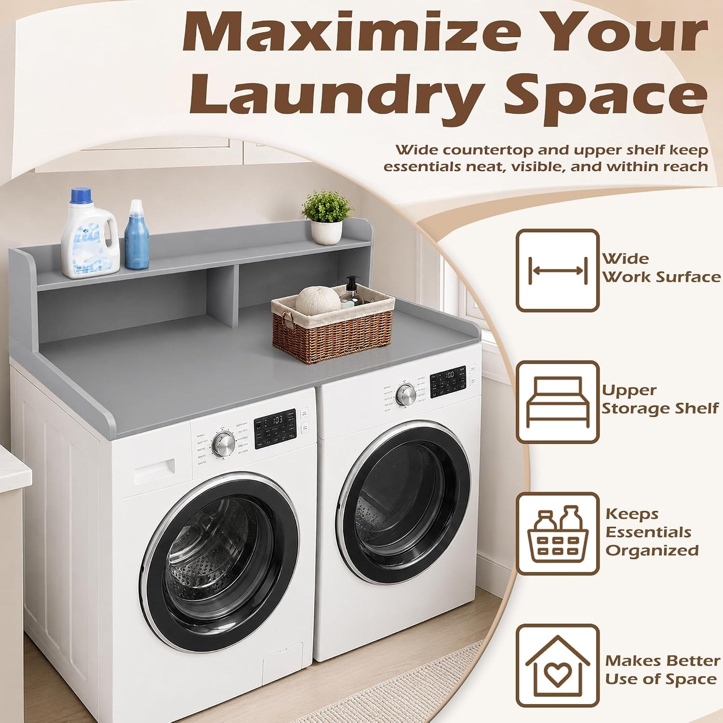 Royxen Laundry Countertop with 2-Tier Shelf Universal Fit, Washer and Dryer Countertop with Storage Space, Shelf Height 11.5 Inches, Solid Wood Core, Oak