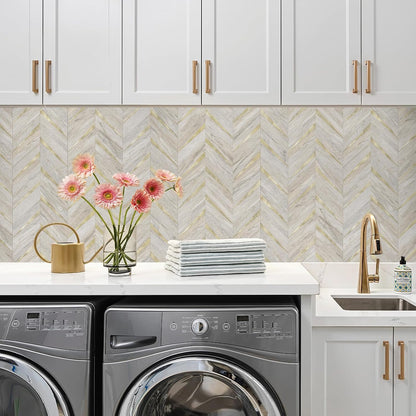 STICKGOO 10-Sheet Herringbone Tile Peel and Stick Backsplash, Beige Mixed Metal Gold PVC Stick on Backsplash, Self Adhesive Wall Tile for Kitchen and Bathroom