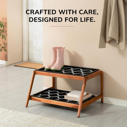 Anji Mountain Heavy Duty Waterproof Wooden Shoe Storage Mat Organizer/Boot Storage Tray Multi Use for Entryway with Coir, Tan Rectangle Embossed Insert, 1 Tier, Fits 2 Pair (26.5" Wide)