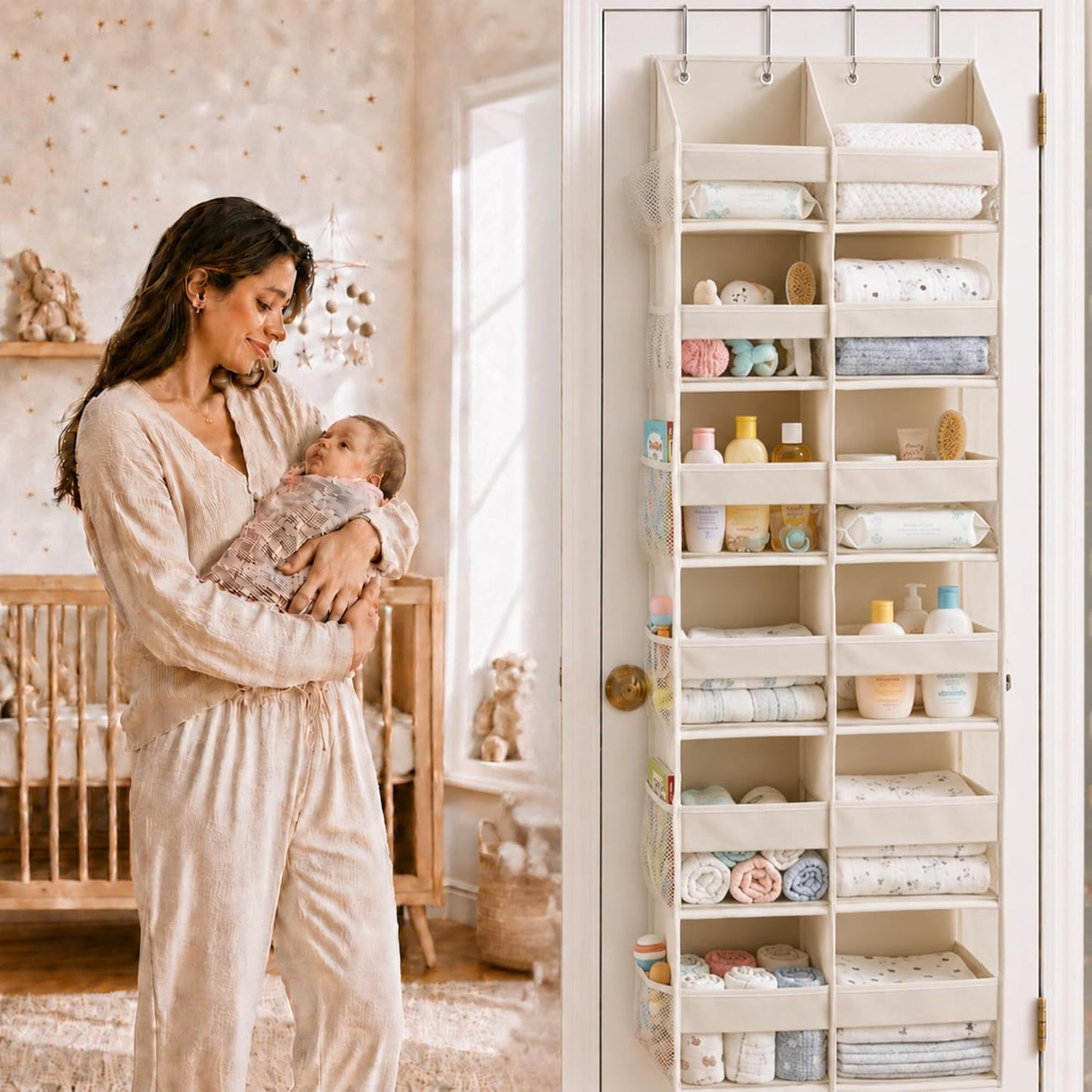 HOMELUX THEORY UPGRADED 6 Tiers Over The Door Organizer Hanging - 100D EXTRA THICK & 50lbs HUGE CAPACITY, 12 Side Mesh Pockets Over The Door Shoe Organizer, Hanging Closet Organizer (Ivory, 1pc)