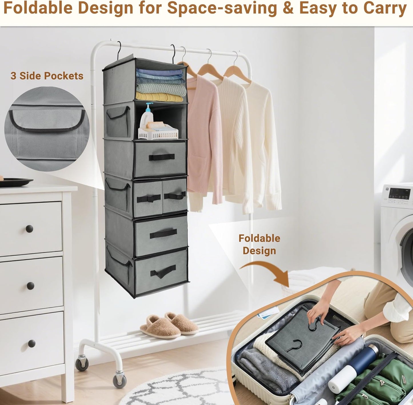 2-in-1 Durable 6-Tier Hanging Closet Organizer with 4 Removable Drawers,2 Separable 3-Tier Thickened Fabric Hanging Shelf Clothes Storage Organization Space-saving for Bedroom,Dorm,Guestroom,RV,Travel