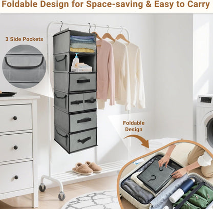2-in-1 Durable 6-Tier Hanging Closet Organizer with 4 Removable Drawers,2 Separable 3-Tier Thickened Fabric Hanging Shelf Clothes Storage Organization Space-saving for Bedroom,Dorm,Guestroom,RV,Travel
