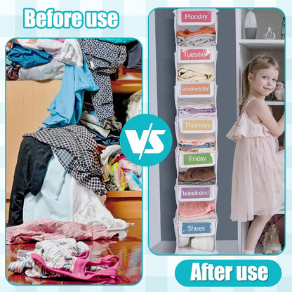 2 Pack 7 Shelf Weekly Clothes Organizer Hanging Closet for Kids with Side Pockets Weekday Shoes Rack Weekly Clothes Organizers Monday Through Weekend Foldable Storage Shelves(Black)