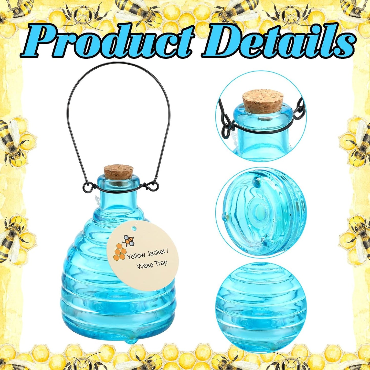 2 Pieces Glass Wasp Trap Outdoor Hanging Reusable Wasp Traps with Steel Hooks Yellow Jacket Catchers Trap for Outside Garden Farm Courtyard Garden, Blue