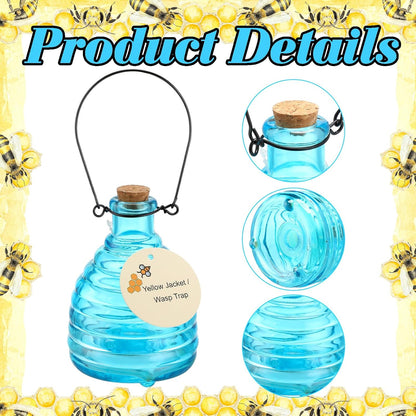 2 Pieces Glass Wasp Trap Outdoor Hanging Reusable Wasp Traps with Steel Hooks Yellow Jacket Catchers Trap for Outside Garden Farm Courtyard Garden, Blue