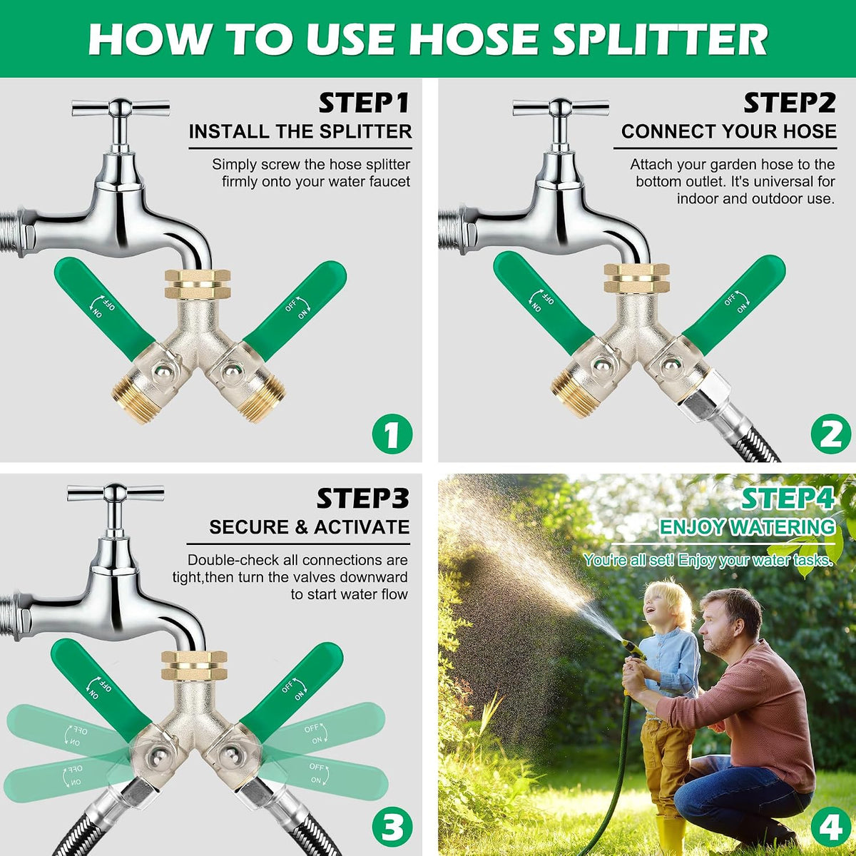 Love Is War 2 Way Garden Hose Splitter, 3/4" GHT Thread Brass Faucet Splitter with Long Easy-Turn Handles, Outdoor Water Connector for Lawn Irrigation