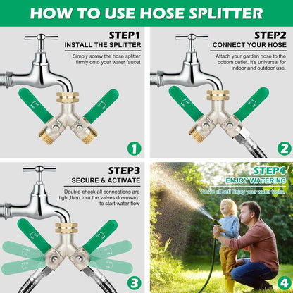 Love Is War 2 Way Garden Hose Splitter, 3/4" GHT Thread Brass Faucet Splitter with Long Easy-Turn Handles, Outdoor Water Connector for Lawn Irrigation