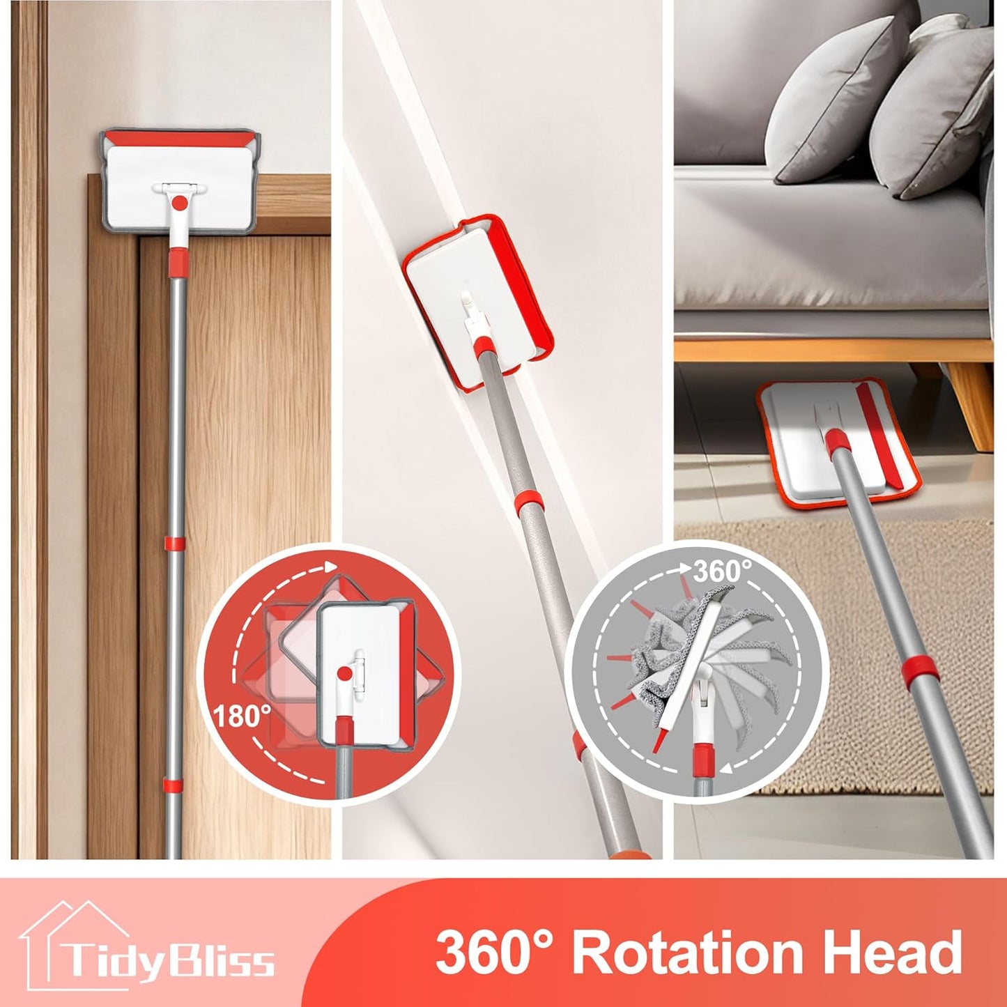 TidyBliss Baseboard Cleaner Tool with Handle, 55.9” Long Wall and Base Board Cleaning Mop, 4 Reusable Pads, 1 Stiff Bristle Scrubber Brush for Floorboard Ceiling Cabinet Window Bathroom Kitchen (Red)