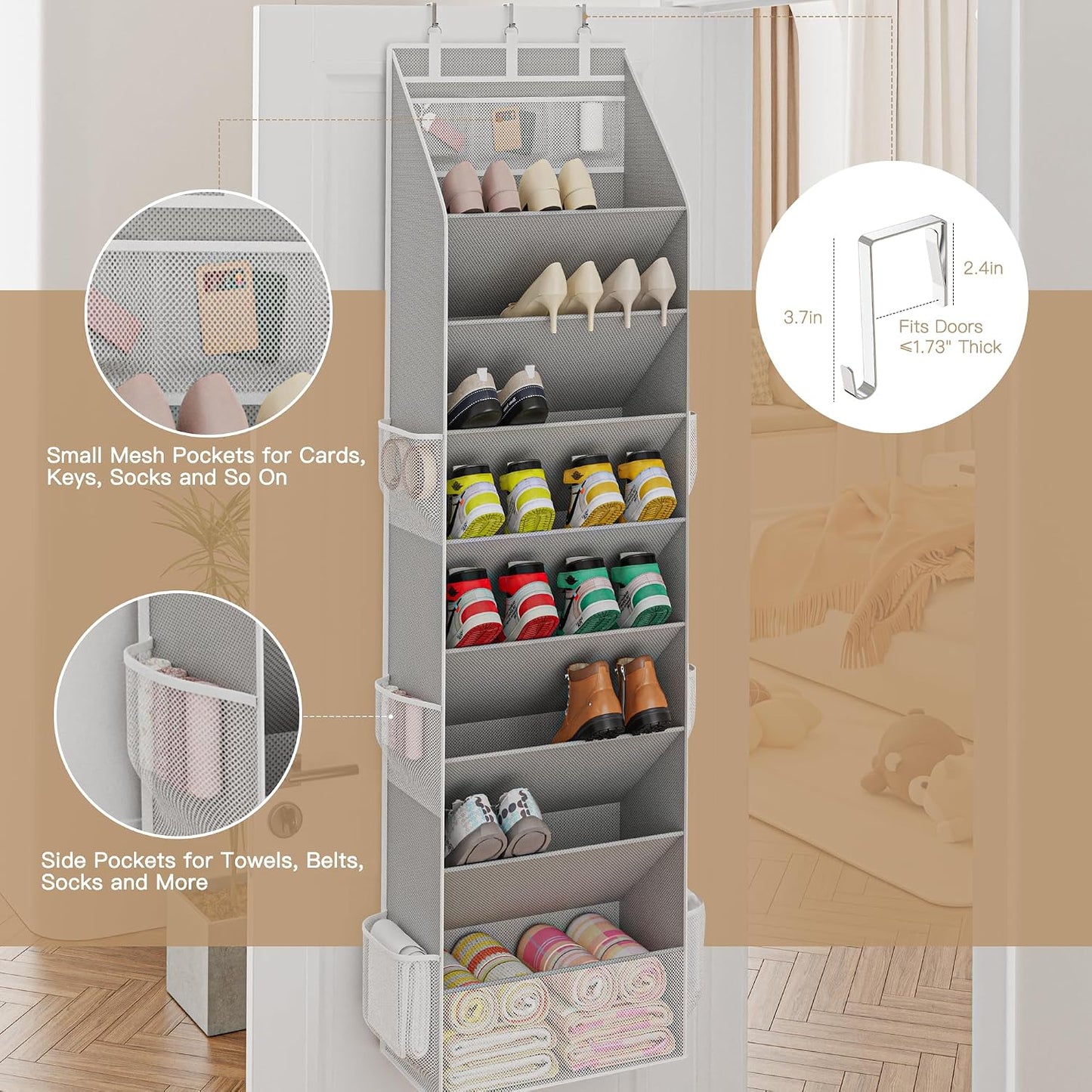 Criusia Shoe Organizer, Over the Door Shoe Organizer, Hanging Closet Shoe Storage with Large Deep Pockets, Fits 16–24 Pairs of Sneakers, Sandals, Boots, Gray