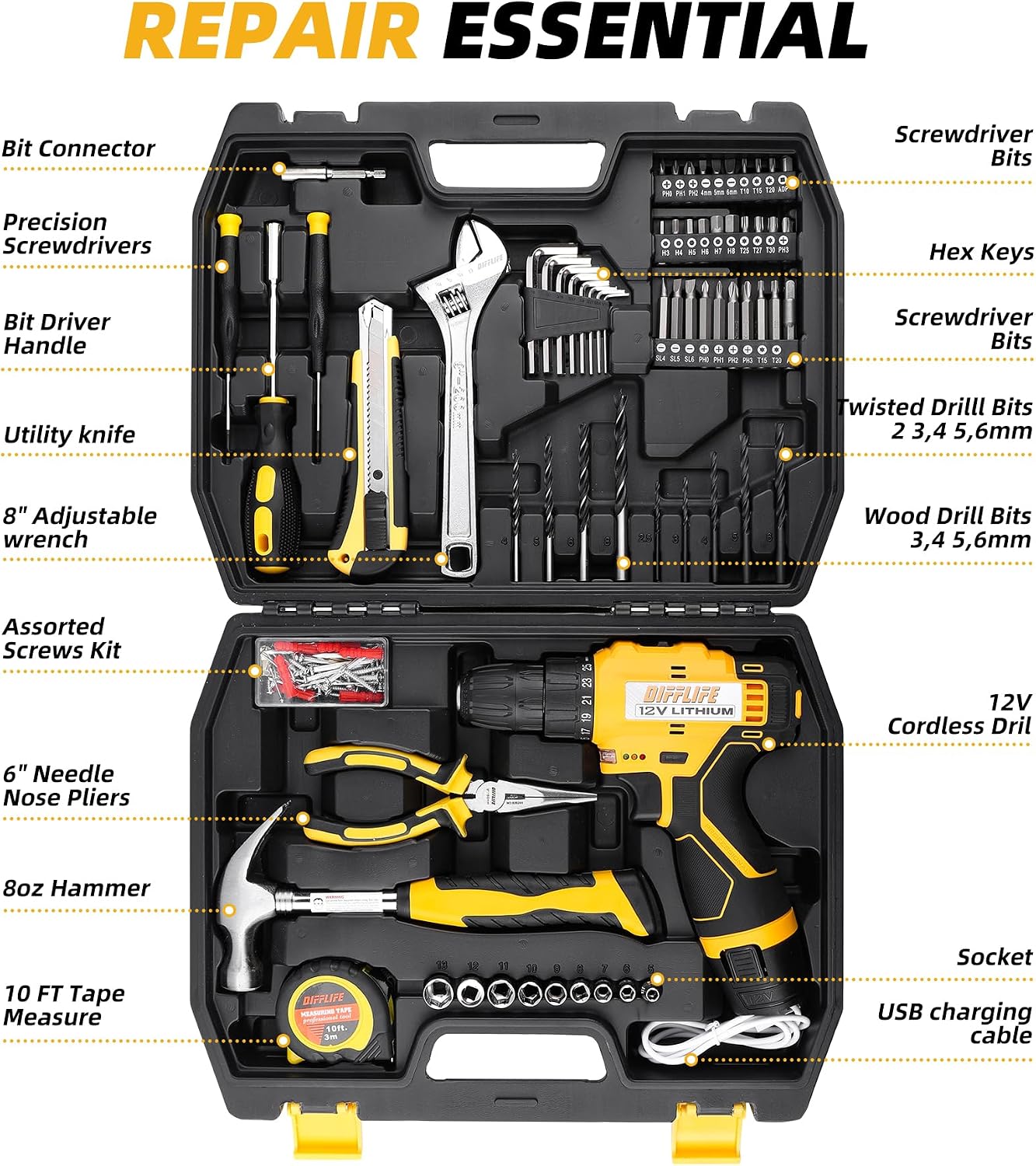 12V Drill Driver Power Tool Combo Kits with Cordless Drill, Professional Household Home Tool Kit Set, DIY Hand Tool Kits for Garden Office House Repair Yellow