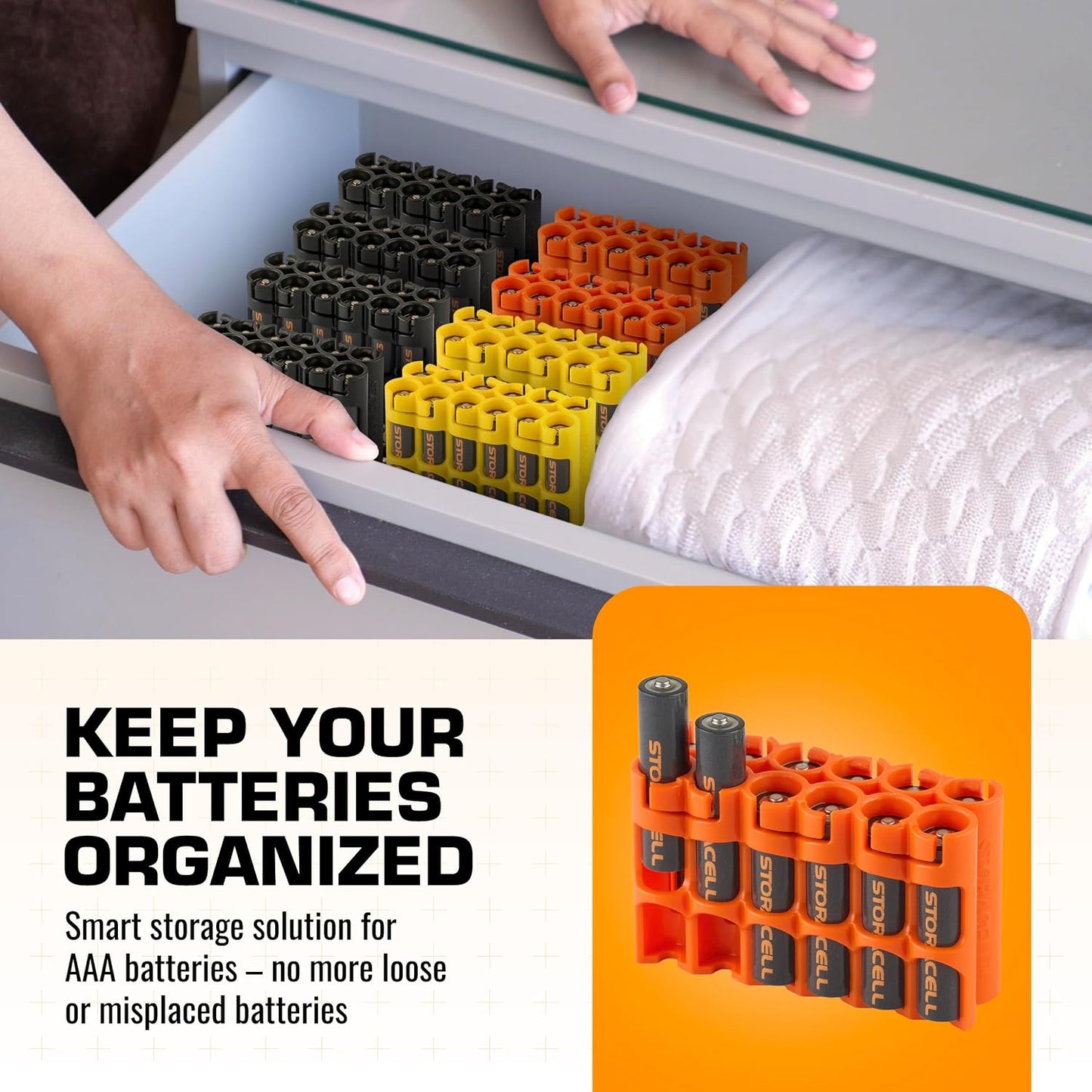AAA Battery Storage Caddy by Storacell, Yellow, Holds 12 Batteries (Not included)