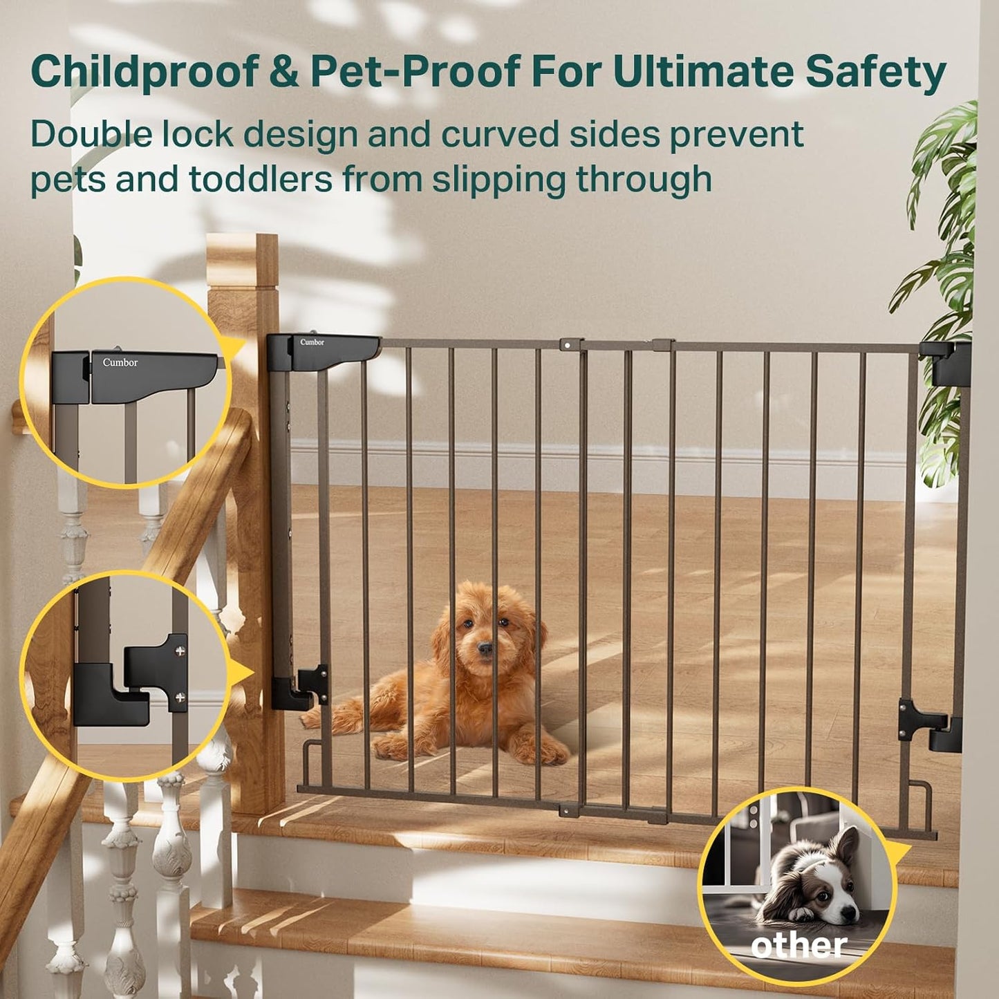 Cumbor 29.2–43" Baby Gate for Stairs, Hardware Mounted (Drill Required), Expandable No Bottom Bar Dog Gate, Auto Close Extra Wide Walk Thru, Pet & Toddler Proof Gate, Top & Bottom of Stairways (White)