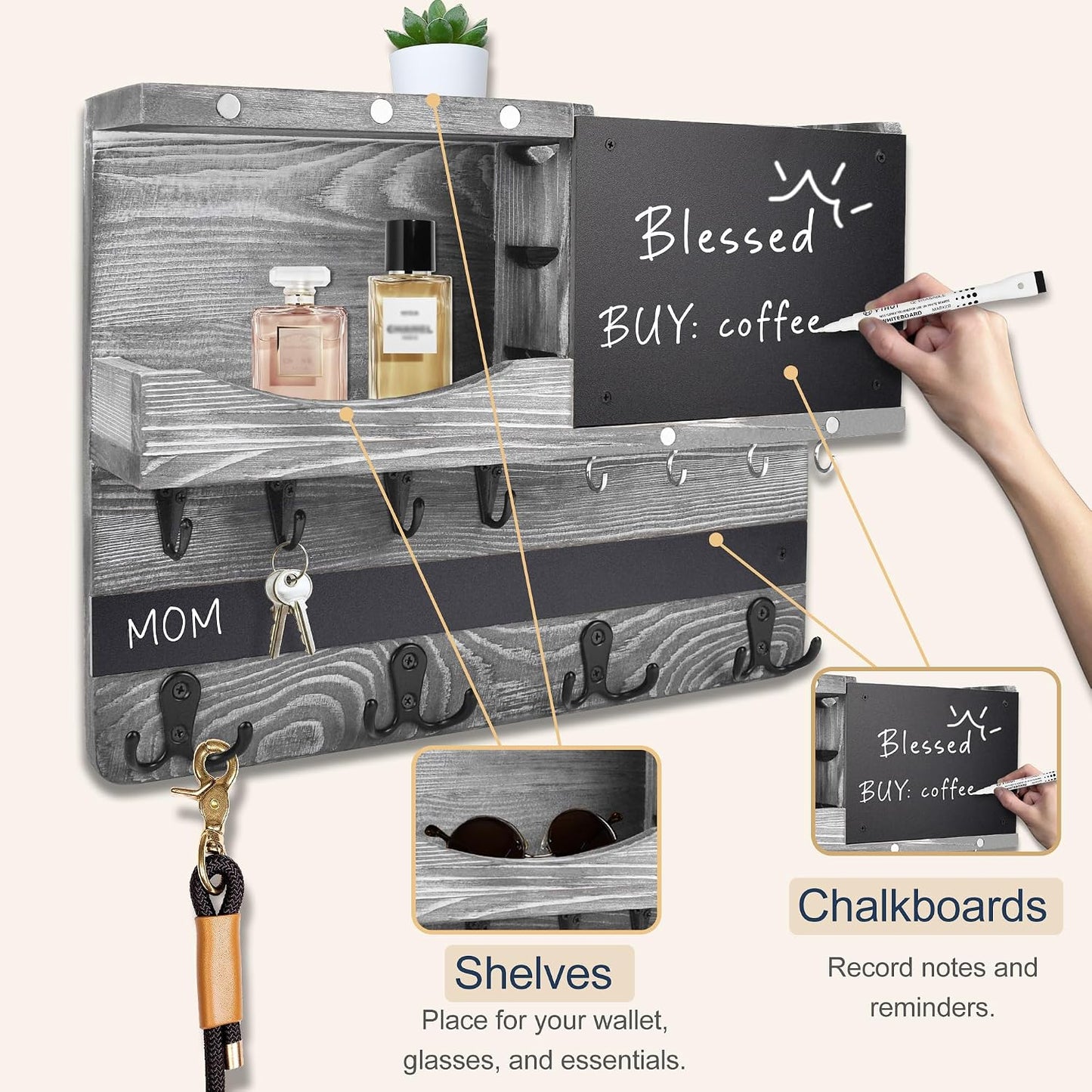 Key Holder for Wall Mount with Shelf and Mail Organizer, Key and Mail Holder with 16 Hooks, Farmhouse Entryway Organizer, Home Decor Rack (Pine Wood, Black)
