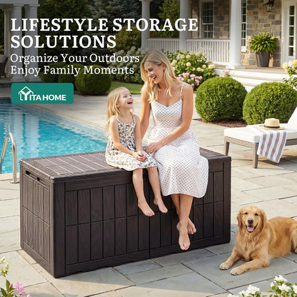 YITAHOME 134 Gallon Large Deck Box | Waterproof Resin Outdoor Storage Box with Lock, Doubles as 2-Person Bench Seating for Patio Furniture Cushions,Garden Tools &