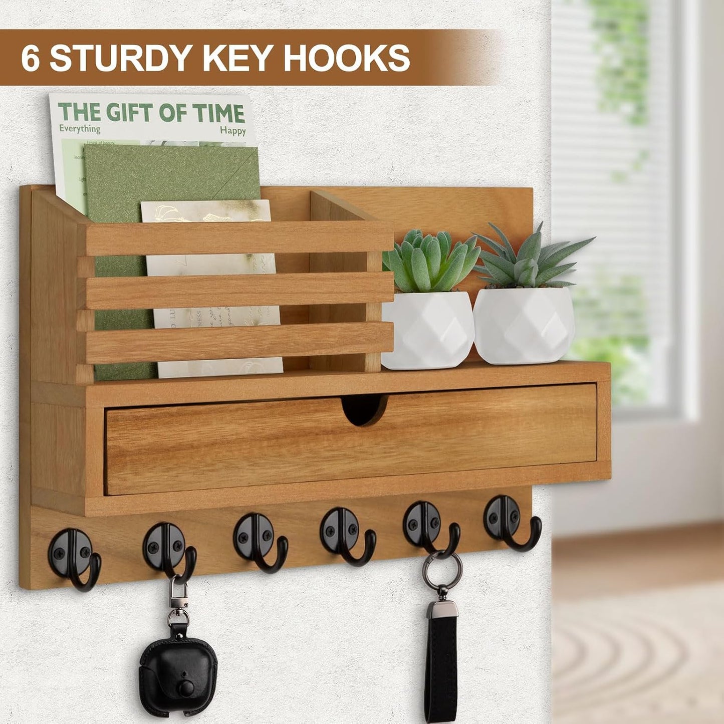 Key Holder Wall Mount, Mail Holder with Storage Drawer and 5 Key Hooks for Coat, Dog Leash, Home Decor Rack, House Accessories, Entry Way Organizer