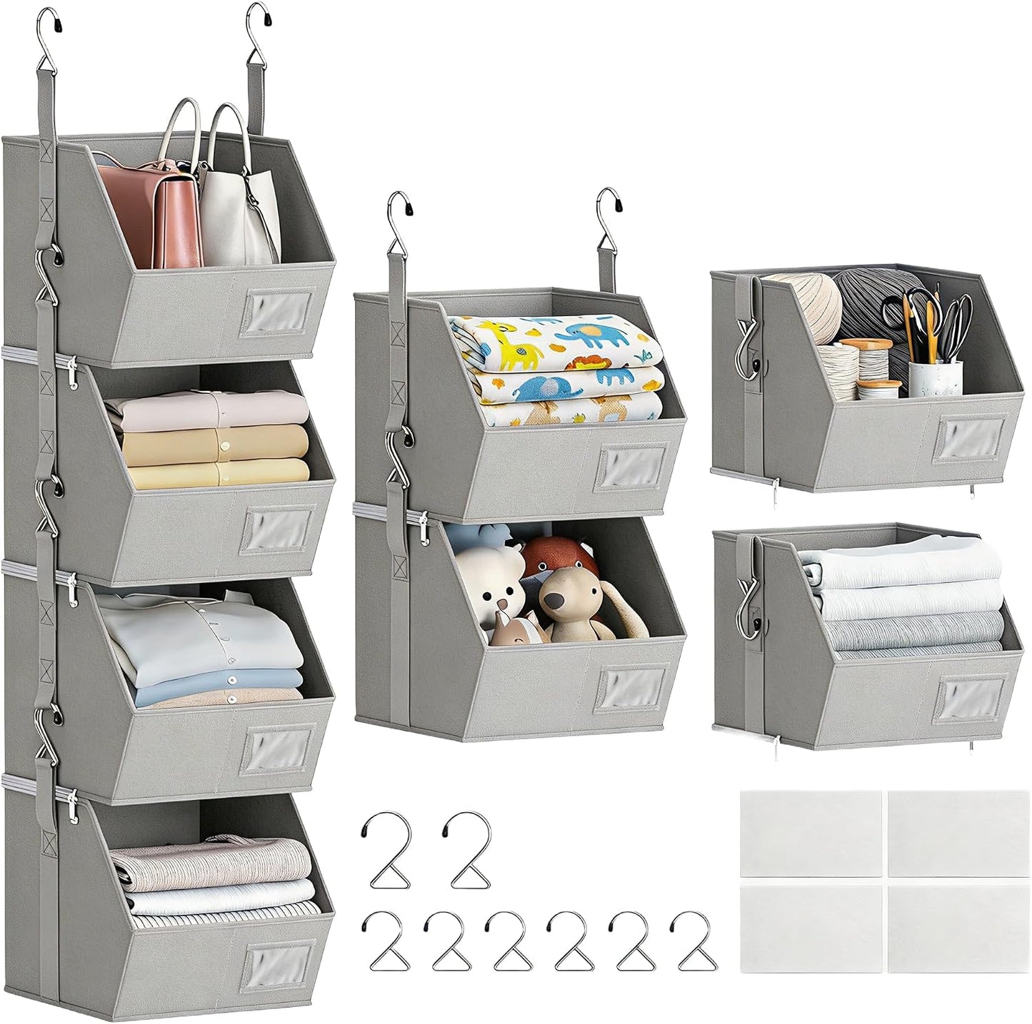 Hanging Closet Organizer 4 Tier, Hanging Shelves for Closet-Hanging Closet Organizer with Stackable Shelves,Versatile Fabric Storage Bins for Bedroom, RV, Nursery,Dorm(Purple)