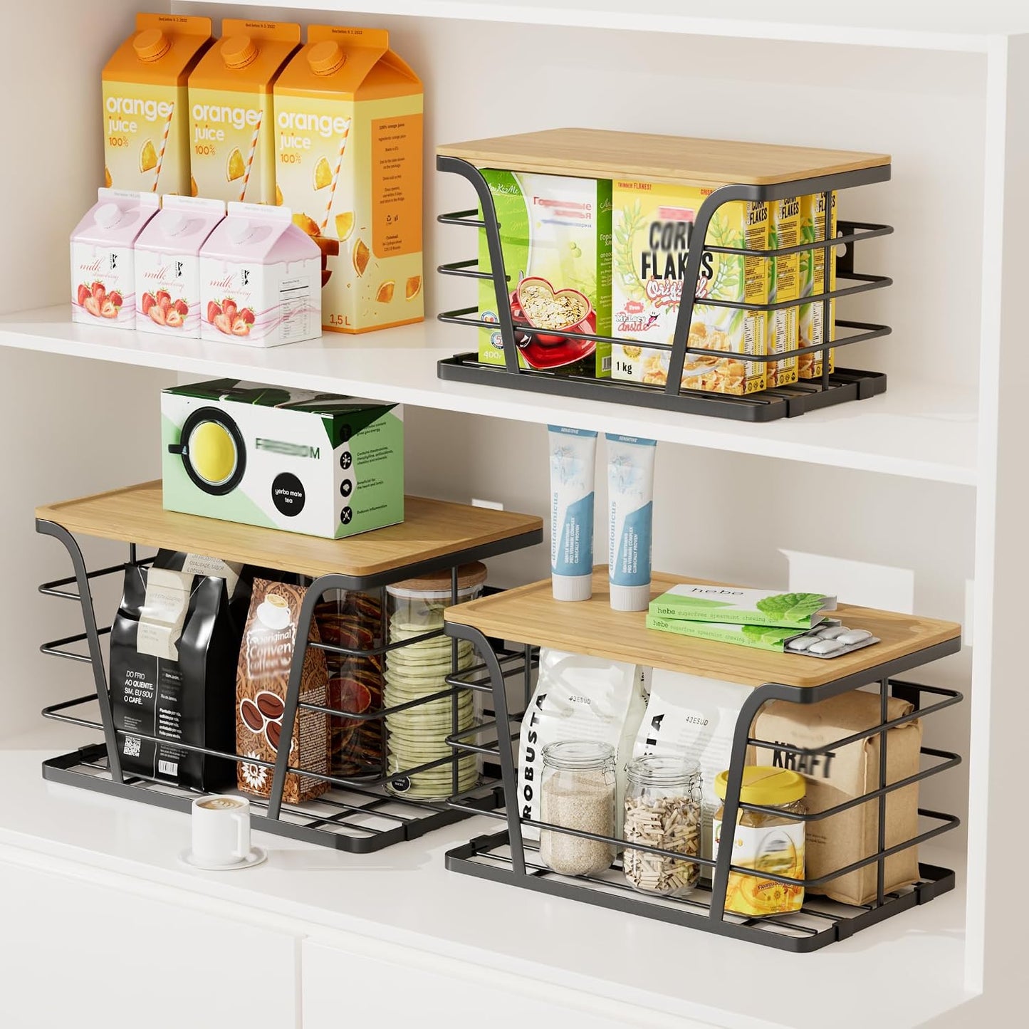 TIDIIABODE 2 Pack Stackable Storage Laundry Kitchen Organizers, Wall Mount Trash Bag Holder with Bamboo Top and Garbage Bag Dispenser No Drill