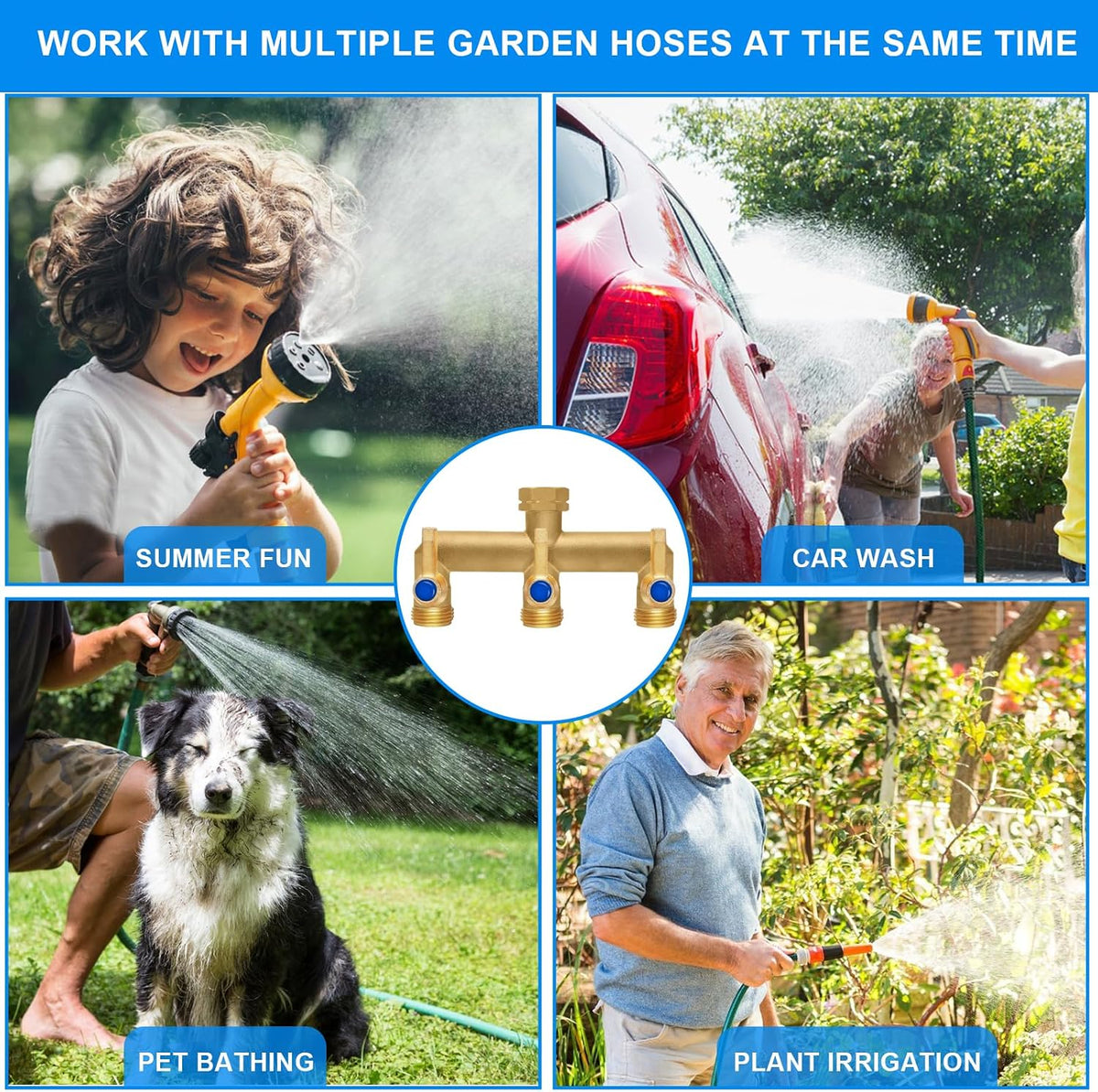 Brass Garden Hose Splitter 2-Way Heavy Duty - 3/4" GHT Threads with 2×304 Stainless Steel Handles, High Flow Design for Efficient Water Distribution