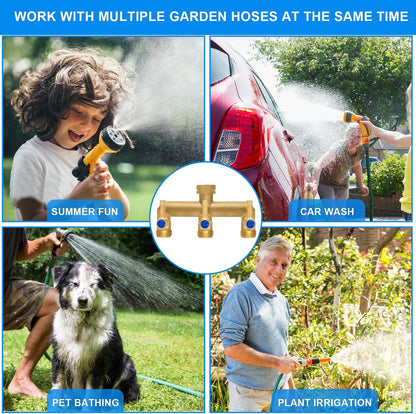 Brass Garden Hose Splitter 2-Way Heavy Duty - 3/4" GHT Threads with 2×304 Stainless Steel Handles, High Flow Design for Efficient Water Distribution