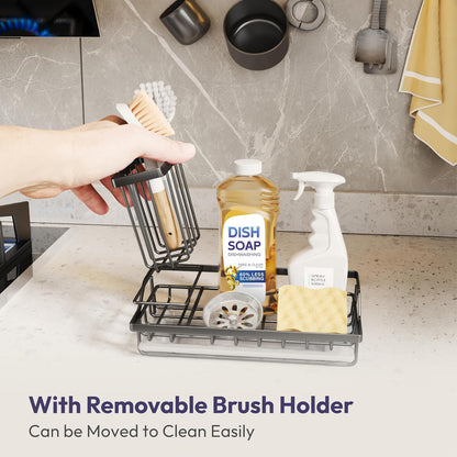 SWTYMIKI Sink Caddy Sponge Holder - Kitchen Sink Organizer with High Brush Holder for Countertop to Hold Dish Soaps and Sponges, Stainless Steel, Black