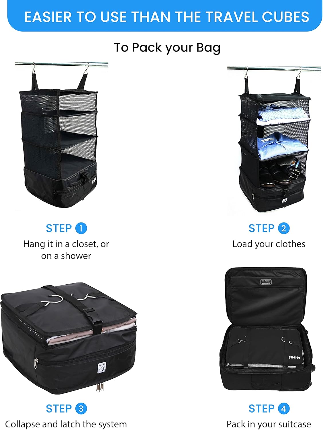 Grand Fusion Stow-N-Go Hanging Travel Shelves, Packing Organizer for Luggage. Carry on Closet for Suitcase. Expandable Packing Cube. Travel Essentials. (Black - L, L = (L) 11.8" x (W) 11.8")