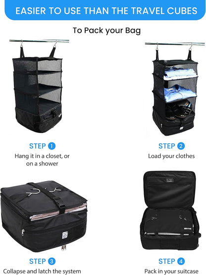 Grand Fusion Stow-N-Go Hanging Travel Shelves, Packing Organizer for Luggage. Carry on Closet for Suitcase. Expandable Packing Cube. Travel Essentials. (Black - L, L = (L) 11.8" x (W) 11.8")
