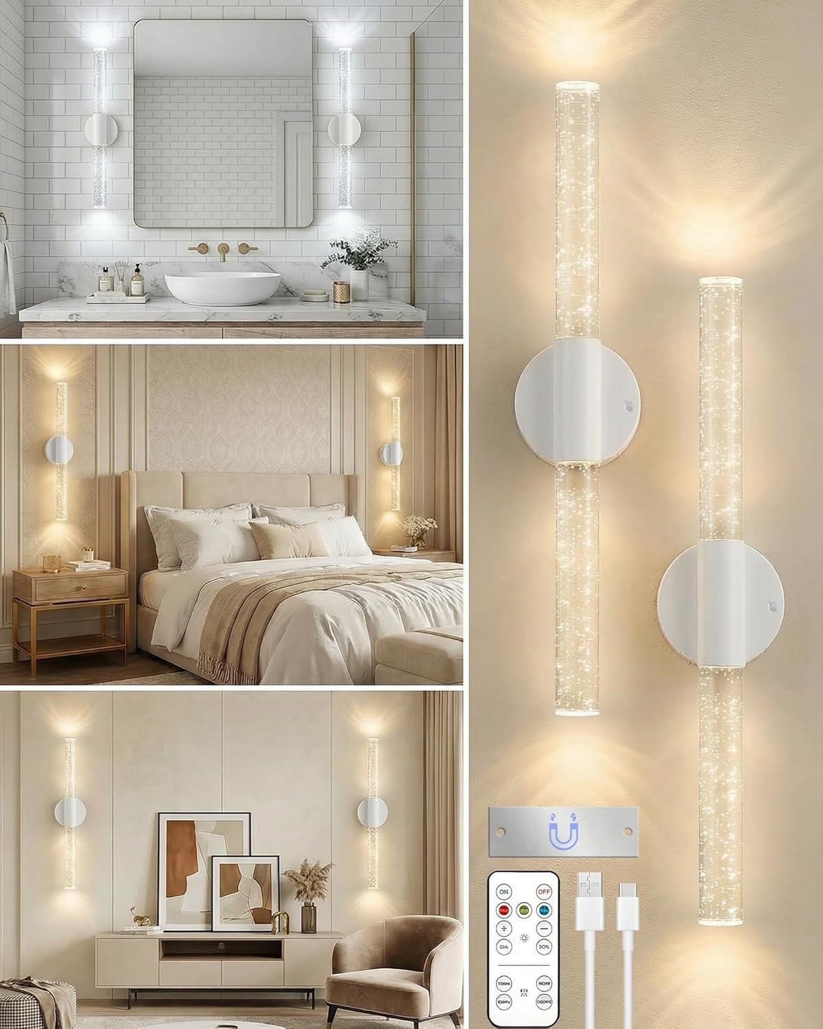 Peel and Stick on Wall Sconce set of 2, Rechargeable No Drill Gold Wireless Magnetic Battery Operated Wall Lights with Remote, Dimmable Cordless Wall Lamps for Bedroom Living Room Bathroom Decor